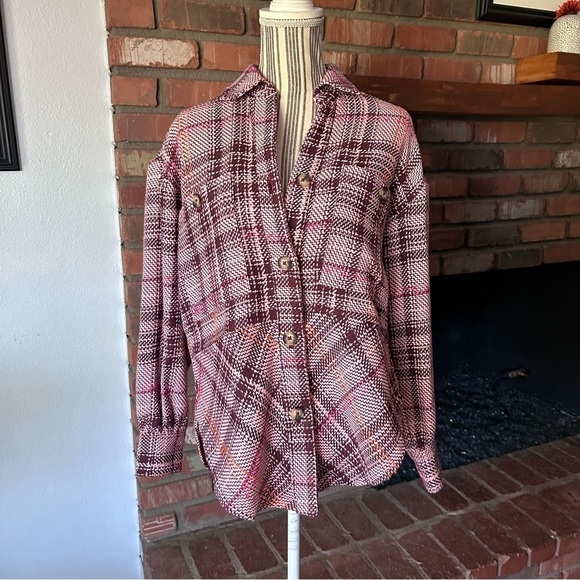 Anthropologie Hudson Plaid Shirt Jacket Shacket in Pink Maroon Sz XS NWOT - Picture 4 of 12